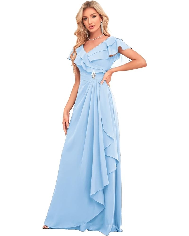 Long Chiffon Bridesmaid Dresses for Women V Neck Flutter Sleeve Pleated Formal Evening Dresses MRX47 Sky Blue $18.90 Dresses