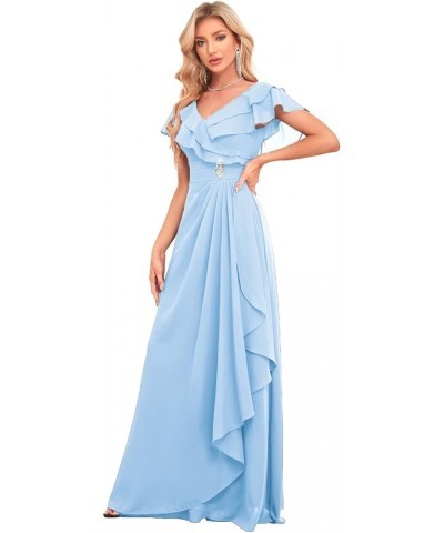 Long Chiffon Bridesmaid Dresses for Women V Neck Flutter Sleeve Pleated Formal Evening Dresses MRX47 Sky Blue $18.90 Dresses