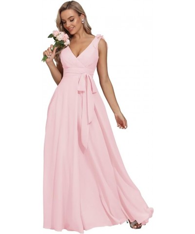 V Neck Bridesmaid Dresses for Women Chiffon with Belt Pleated Wedding Guest Dresses Formal Evening Dress,R127 Pink $26.40 Dre...