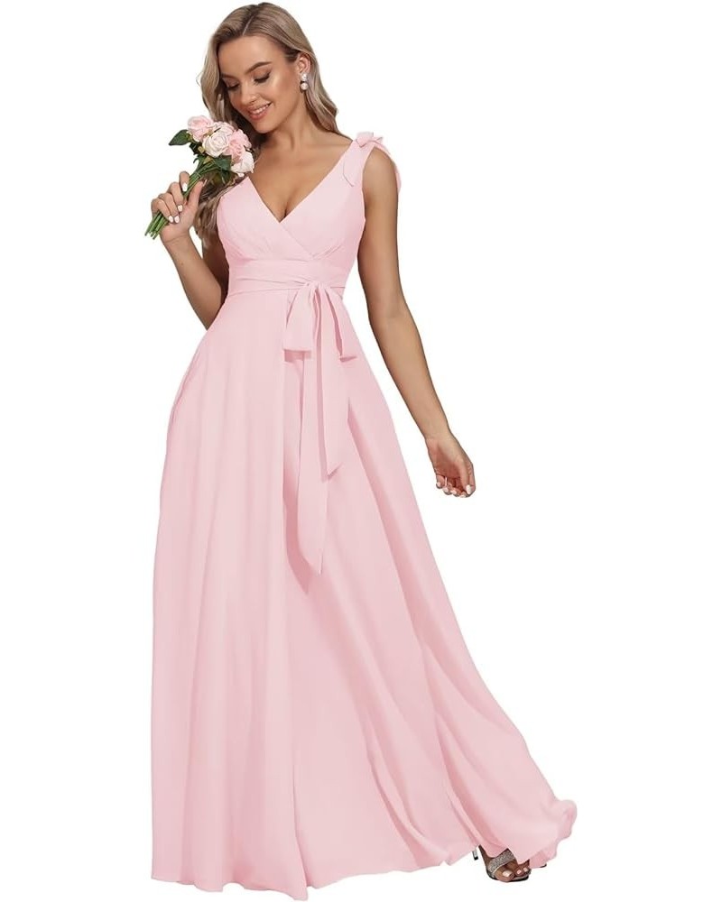 V Neck Bridesmaid Dresses for Women Chiffon with Belt Pleated Wedding Guest Dresses Formal Evening Dress,R127 Pink $26.40 Dre...