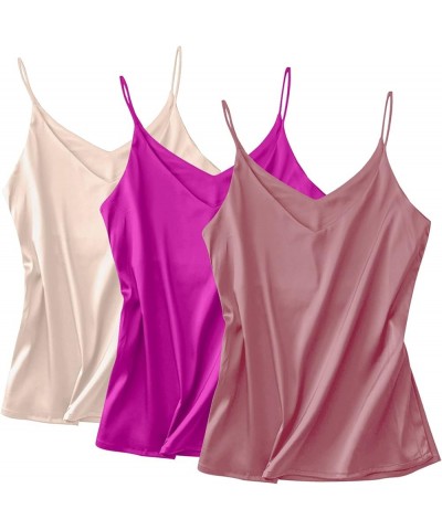 Basic 3 Pack Women's Silk Tank Top Ladies V-Neck Camisole Silky Loose Sleeveless Blouse Tank Shirt with Soft Satin 3-pack:cha...