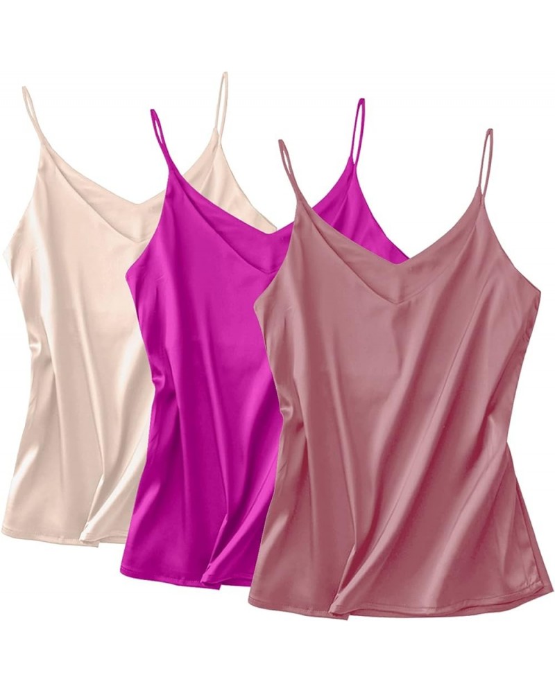 Basic 3 Pack Women's Silk Tank Top Ladies V-Neck Camisole Silky Loose Sleeveless Blouse Tank Shirt with Soft Satin 3-pack:cha...