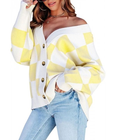 Womens Plaid V Neck Button Down Long Sleeve Cable Knit Oversized Cardigan Sweaters Tops Yellow $19.35 Sweaters