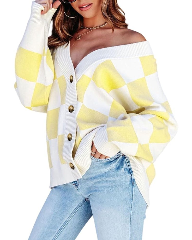 Womens Plaid V Neck Button Down Long Sleeve Cable Knit Oversized Cardigan Sweaters Tops Yellow $19.35 Sweaters