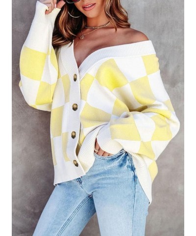 Womens Plaid V Neck Button Down Long Sleeve Cable Knit Oversized Cardigan Sweaters Tops Yellow $19.35 Sweaters