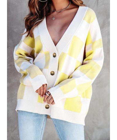 Womens Plaid V Neck Button Down Long Sleeve Cable Knit Oversized Cardigan Sweaters Tops Yellow $19.35 Sweaters