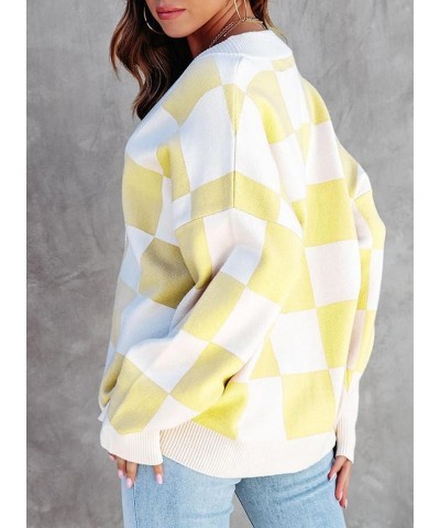 Womens Plaid V Neck Button Down Long Sleeve Cable Knit Oversized Cardigan Sweaters Tops Yellow $19.35 Sweaters