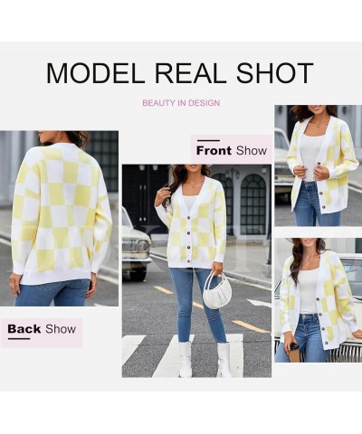 Womens Plaid V Neck Button Down Long Sleeve Cable Knit Oversized Cardigan Sweaters Tops Yellow $19.35 Sweaters