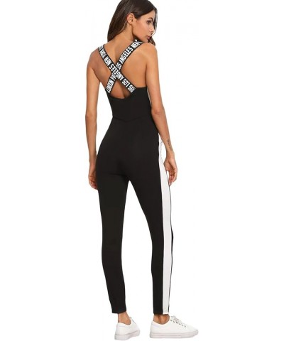 Women's Spaghetti Strap Criss Cross Back Bodycon Tank Jumpsuits Rompers Playsuit Letter Black $19.19 Jumpsuits