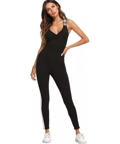 Women's Spaghetti Strap Criss Cross Back Bodycon Tank Jumpsuits Rompers Playsuit Letter Black $19.19 Jumpsuits