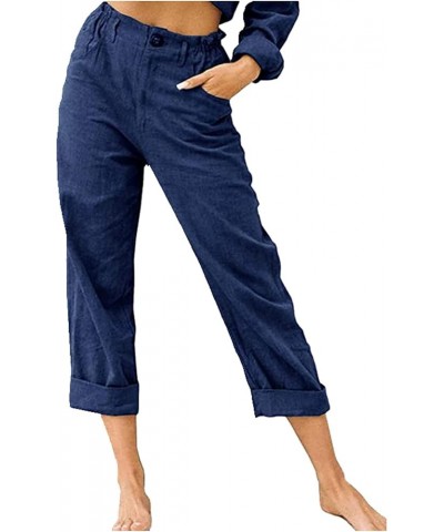 Wide Leg Pants Linen Capri Pants for Women Palazzo Lounge Pants Lightweight Printed Summer Bottoms Sweatpants Trousers Navy $...