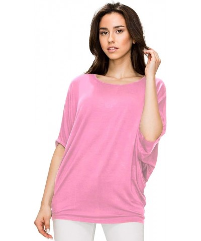 Women's Solid Scoop Neck Short Sleeve Loose Blouse Batwing Dolman Top Oversize Wt1073_pink $12.38 Blouses
