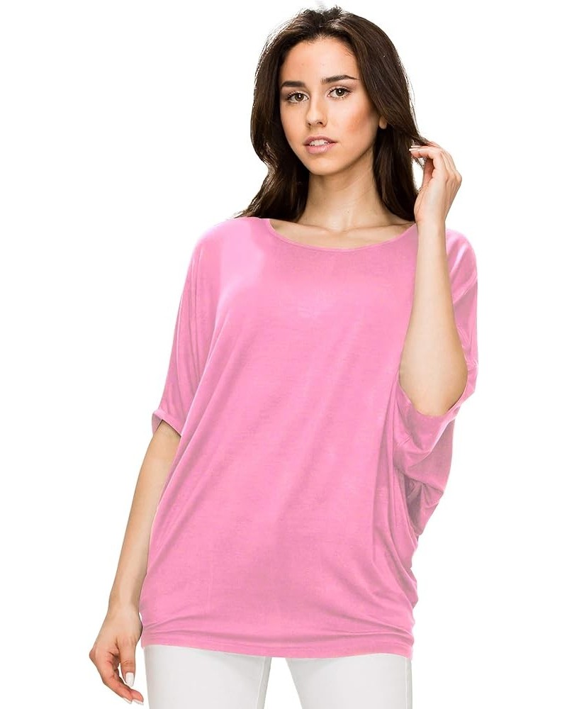 Women's Solid Scoop Neck Short Sleeve Loose Blouse Batwing Dolman Top Oversize Wt1073_pink $12.38 Blouses