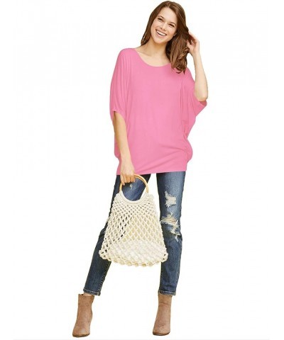 Women's Solid Scoop Neck Short Sleeve Loose Blouse Batwing Dolman Top Oversize Wt1073_pink $12.38 Blouses