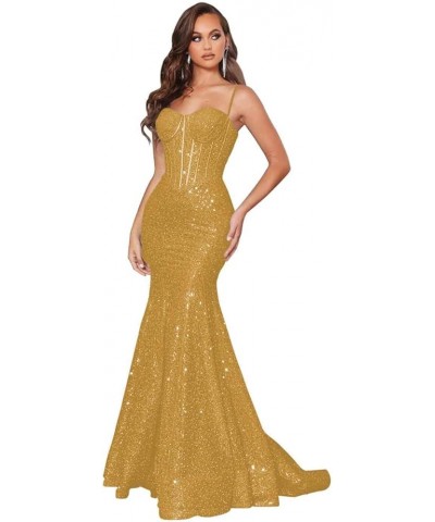 Sequin Mermaid Prom Dresses for Women 2024 Spaghetti Straps Sparkly Evening Formal Gown Gold $33.14 Dresses