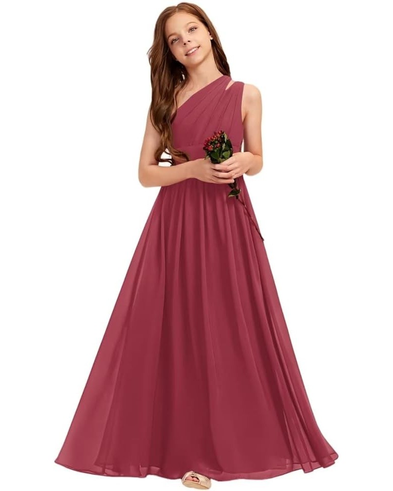 A-line One Shoulder Floor-Length Chiffon Junior Bridesmaid Dress for Wedding Teen Girls Party Gowns Cinnamon Rose $30.00 Dresses