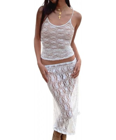 2 Piece Maxi Skirt Set for Women Lace Up Back Tank Tops Tie Up High Waist Long Skirt Set Y2- White 3 $9.98 Suits