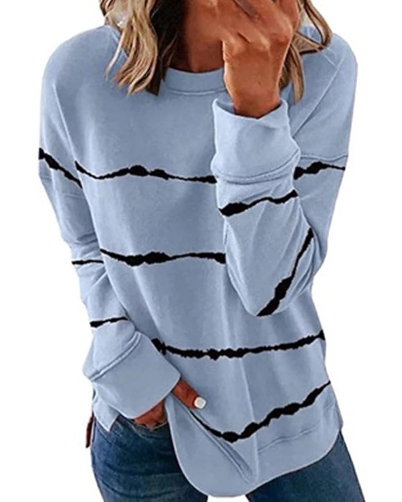 Women Plus Size Long Sleeve Shirts Striped Crewneck Sweatshirts Loose Fit Pullover Casual Trendy Fall Tops 2023 23 Light Blue...