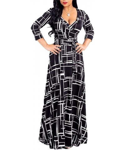 Women's Plus Size Maxi Dress with Belt - Casual Summer Sundress with Flattering V-Neck and 3/4 Sleeves C-black $13.53 Dresses