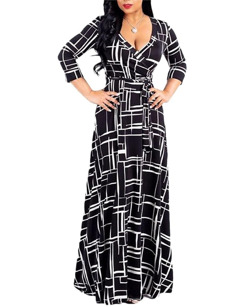 Women's Plus Size Maxi Dress with Belt - Casual Summer Sundress with Flattering V-Neck and 3/4 Sleeves C-black $13.53 Dresses