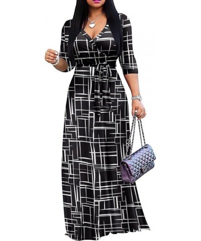 Women's Plus Size Maxi Dress with Belt - Casual Summer Sundress with Flattering V-Neck and 3/4 Sleeves C-black $13.53 Dresses