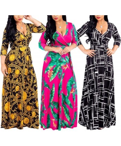 Women's Plus Size Maxi Dress with Belt - Casual Summer Sundress with Flattering V-Neck and 3/4 Sleeves C-black $13.53 Dresses