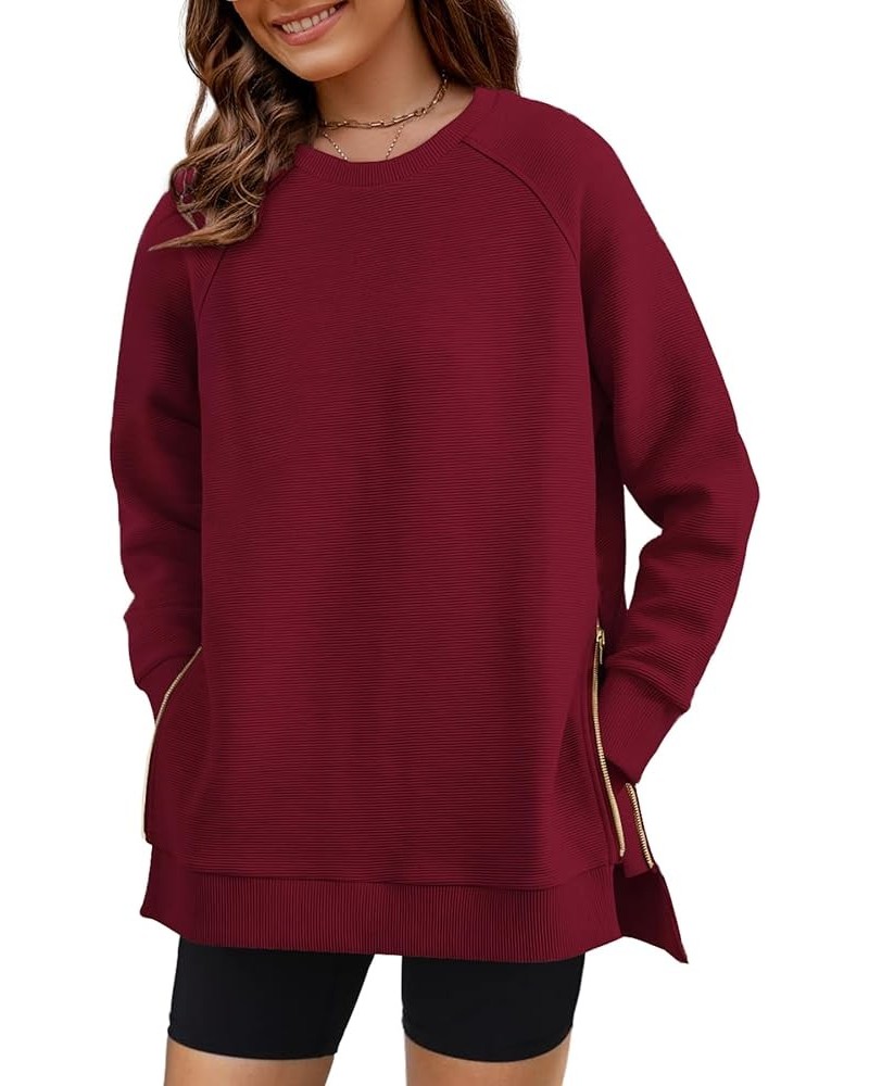 Womens Sweatshirts Crewneck Oversized Soft Pullover with Side Zipper Long Sleeve Sweatshirt Tunic Tops Wine Red $15.95 Hoodie...