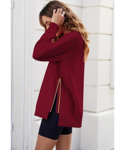 Womens Sweatshirts Crewneck Oversized Soft Pullover with Side Zipper Long Sleeve Sweatshirt Tunic Tops Wine Red $15.95 Hoodie...