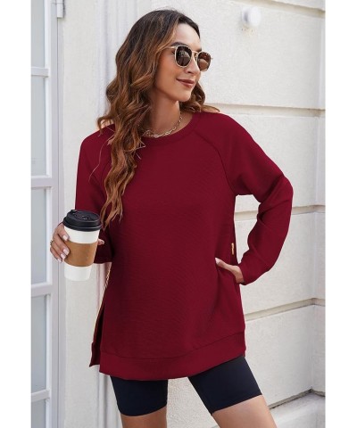 Womens Sweatshirts Crewneck Oversized Soft Pullover with Side Zipper Long Sleeve Sweatshirt Tunic Tops Wine Red $15.95 Hoodie...