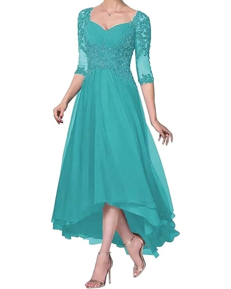 Mother of The Bride Dress for Wedding Lace Appliques 3/4 Sleeve Tea Length Chiffon Evening Prom Gown for Women Turquoise $34....