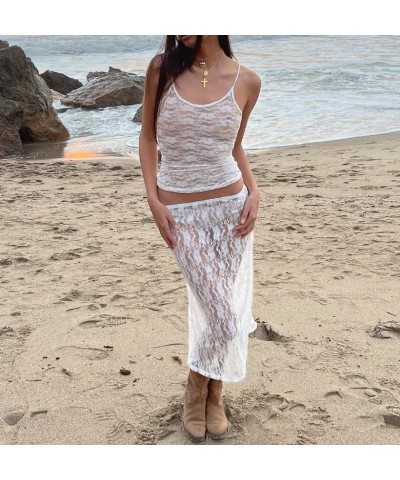 2 Piece Maxi Skirt Set for Women Lace Up Back Tank Tops Tie Up High Waist Long Skirt Set Y2- White 3 $9.98 Suits
