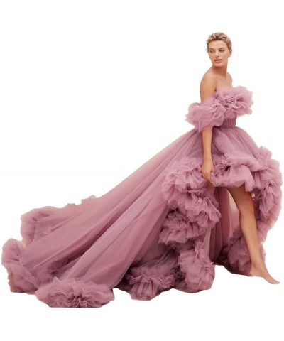 High Low Tulle Prom Dresses Long Ball Gown for Women Puffy Ruffles Off Shoulder Evening Party Dress Dusty Rose $46.40 Dresses