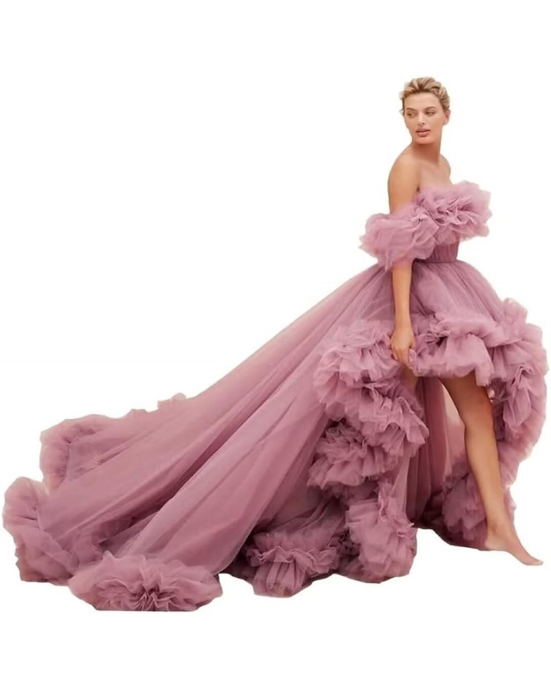 High Low Tulle Prom Dresses Long Ball Gown for Women Puffy Ruffles Off Shoulder Evening Party Dress Dusty Rose $46.40 Dresses