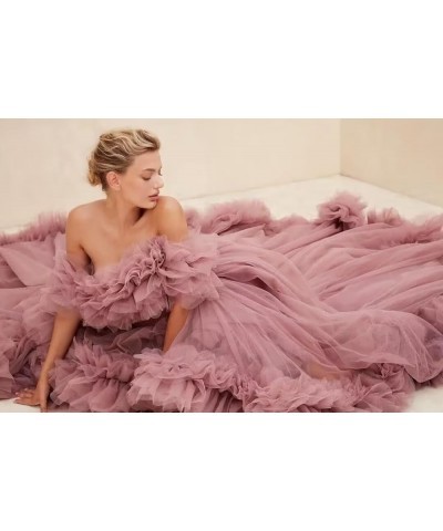 High Low Tulle Prom Dresses Long Ball Gown for Women Puffy Ruffles Off Shoulder Evening Party Dress Dusty Rose $46.40 Dresses