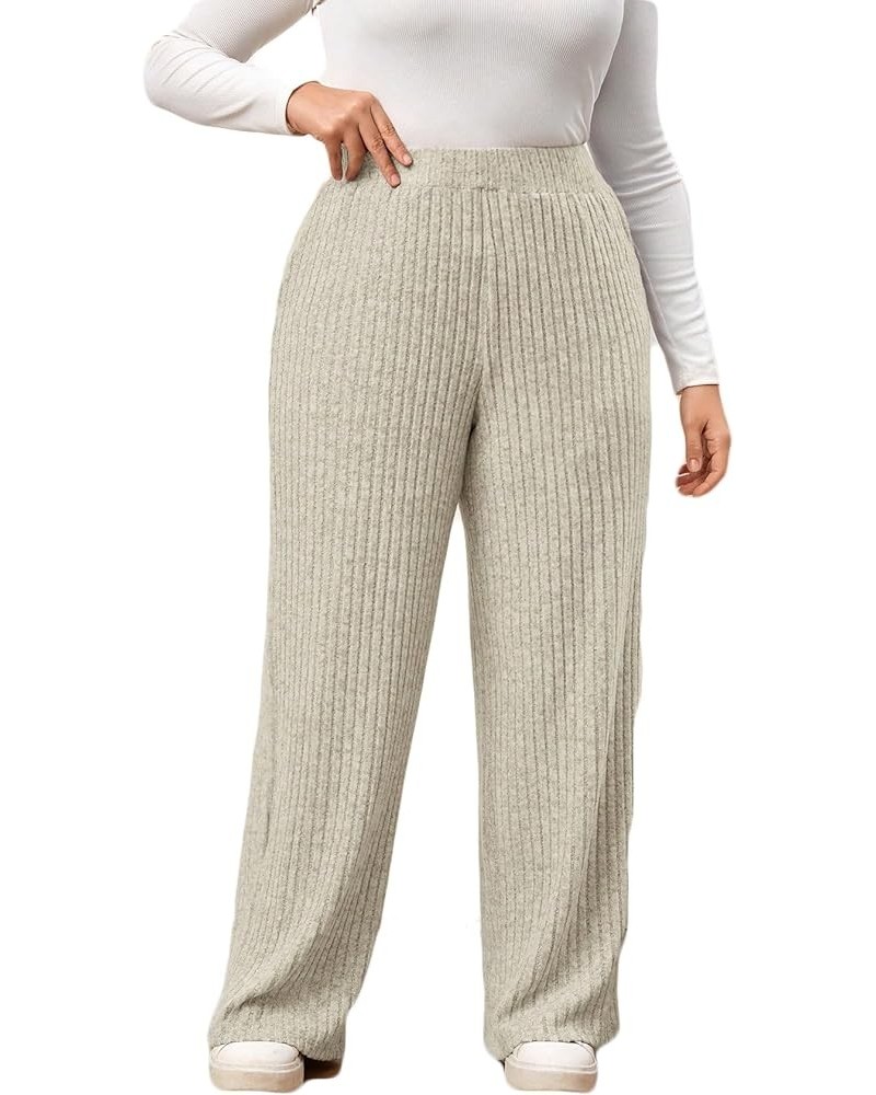 Women's Plus Size Ribbed Knit Elastic High Waisted Straight Wide Leg Pants Trousers Apricot $17.97 Pants