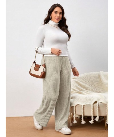 Women's Plus Size Ribbed Knit Elastic High Waisted Straight Wide Leg Pants Trousers Apricot $17.97 Pants