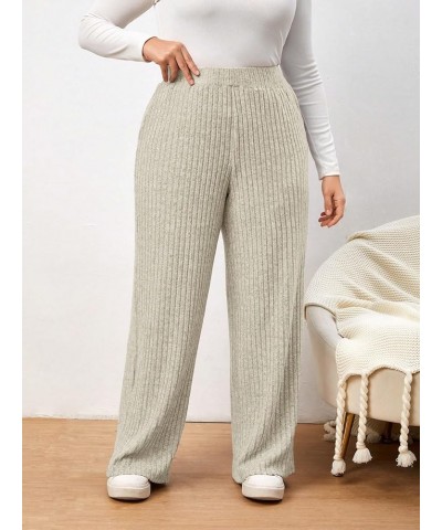 Women's Plus Size Ribbed Knit Elastic High Waisted Straight Wide Leg Pants Trousers Apricot $17.97 Pants