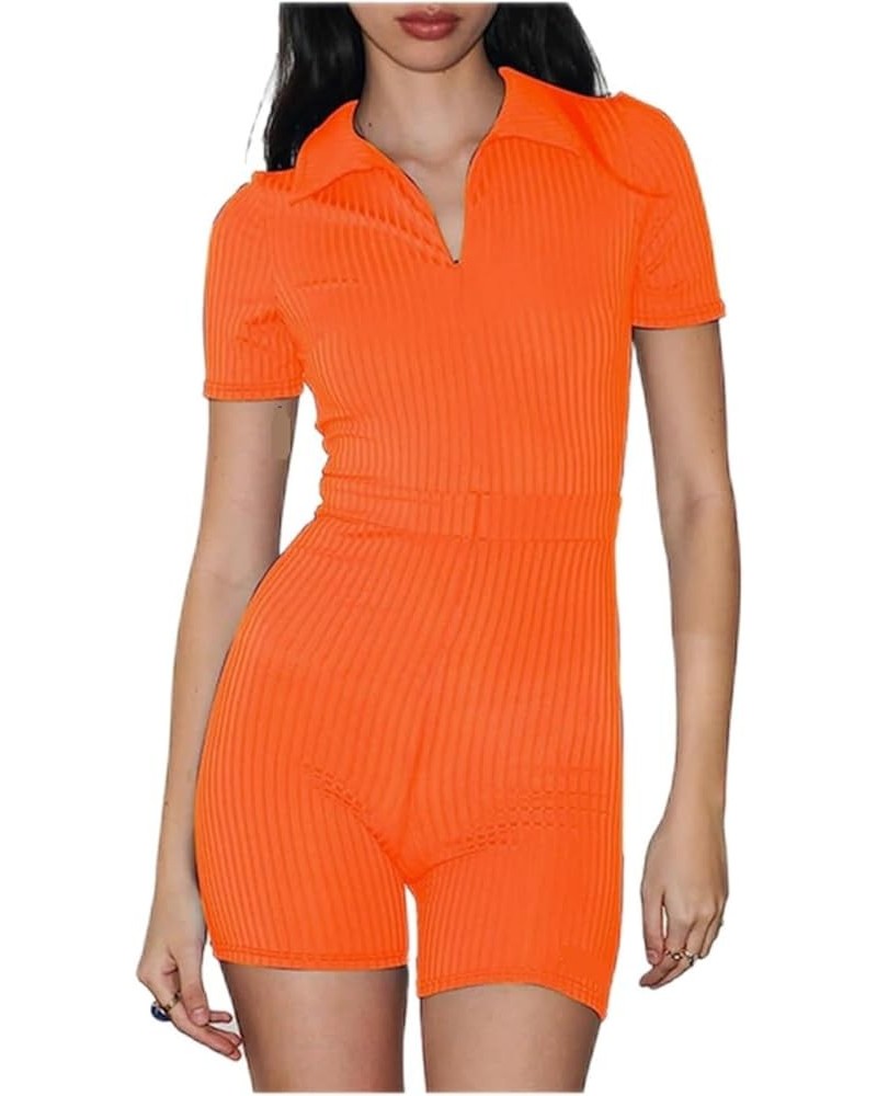 Women Y2K Short Sleeve Jumpsuit Sexy V Neck Buttons Bodycon Rompers Shorts Knitted One Piece Bodysuit Overall Orange-8 $10.07...