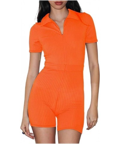 Women Y2K Short Sleeve Jumpsuit Sexy V Neck Buttons Bodycon Rompers Shorts Knitted One Piece Bodysuit Overall Orange-8 $10.07...