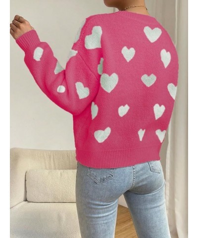 Women's Casual Long Sleeve Round Neck Top Drop Shoulder Pattern Cable Knit Pullover Sweater Pink White $26.31 Sweaters