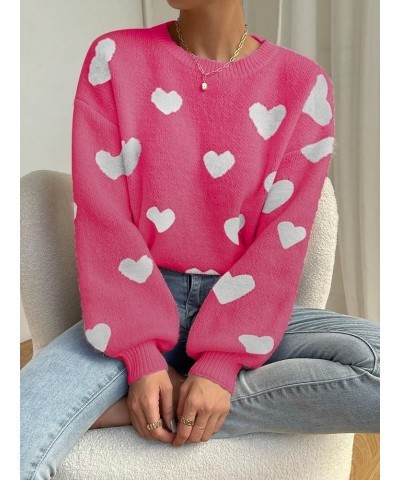 Women's Casual Long Sleeve Round Neck Top Drop Shoulder Pattern Cable Knit Pullover Sweater Pink White $26.31 Sweaters