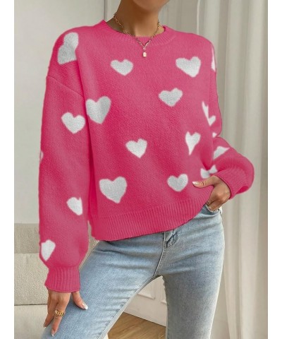 Women's Casual Long Sleeve Round Neck Top Drop Shoulder Pattern Cable Knit Pullover Sweater Pink White $26.31 Sweaters