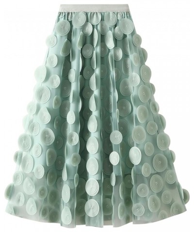 Tulle Midi Skirt Women Elastic Waist 3D Polka Dot Ruffle Skirt Mesh Layered Tutu Long A-Line Party Skirt Green $18.58 Skirts