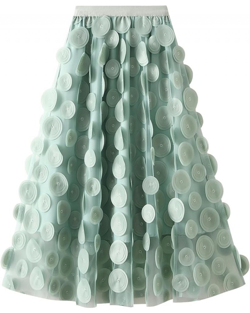 Tulle Midi Skirt Women Elastic Waist 3D Polka Dot Ruffle Skirt Mesh Layered Tutu Long A-Line Party Skirt Green $18.58 Skirts