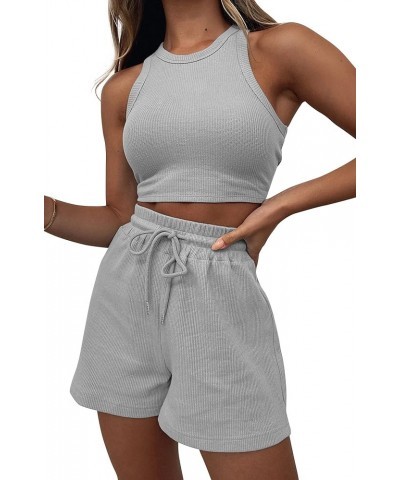 2 Piece Women Lounge Sets - Sleeveless Crop Top and Shorts Waffle Lounge Set Tracksuits Sweatsuits for Women 3 Piece Light Gr...