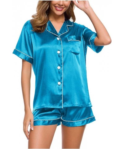 Silk Satin Pajamas Set for Women Two Piece Pj Sets Button-Down Christmas Pajamas Soft Comfy Loungewear Sleepwear A04-blue $4....