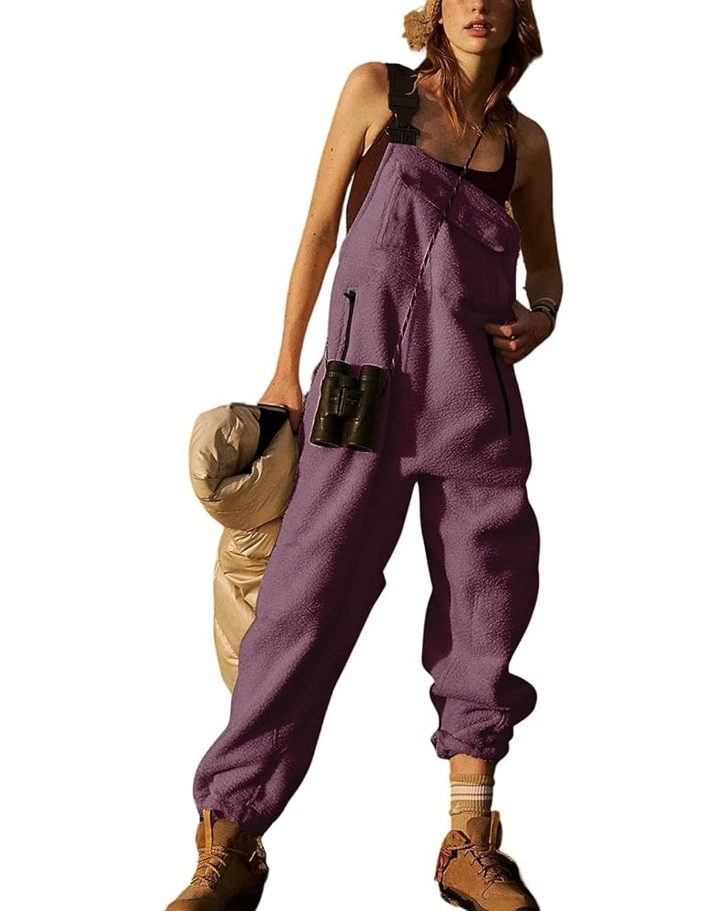 Warm Fleece Overalls for Women Winter Fuzzy Jumpsuits Adjustable Strap Sleeveless Fluffy Pants with Pockets Purple-3 $10.25 J...