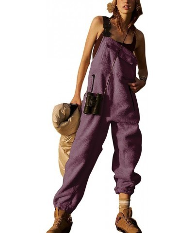 Warm Fleece Overalls for Women Winter Fuzzy Jumpsuits Adjustable Strap Sleeveless Fluffy Pants with Pockets Purple-3 $10.25 J...