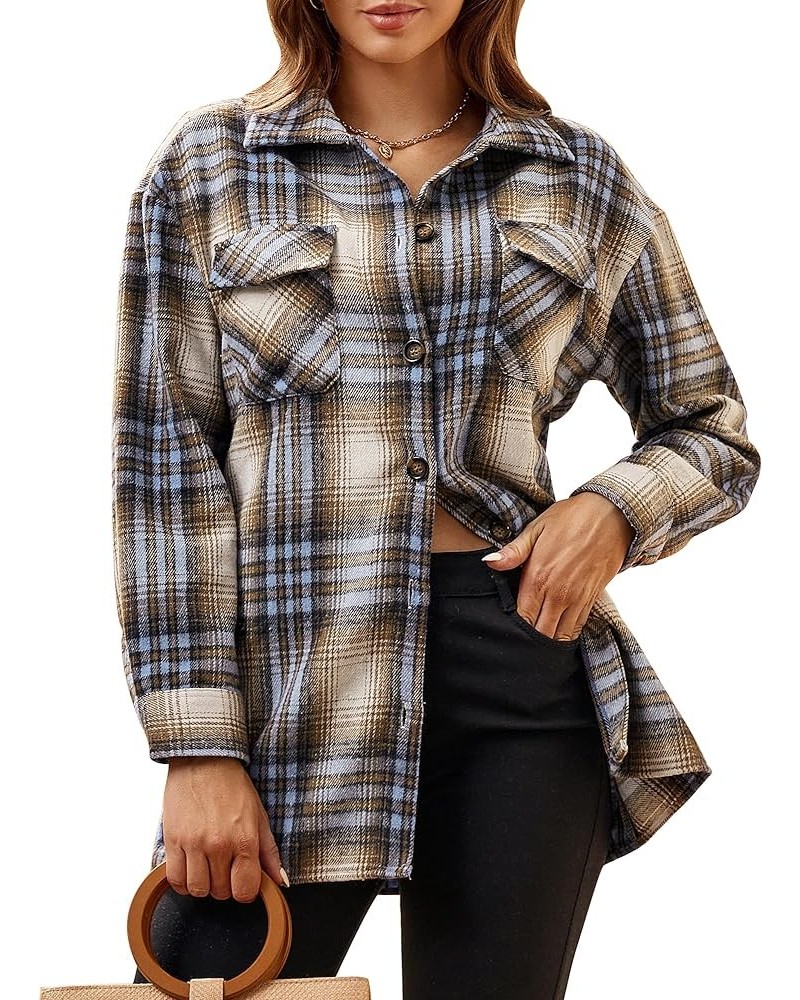 Flannel Shirts for Women Long Sleeve Button Down Plaid Fall Shirt Casual Work Tops Thick Blue/Khaki $10.00 Blouses