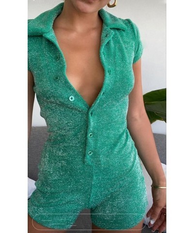 Playsuit for Women Short Sleeve Jumpsuit Ribbed Knit Bodycon Y2k Romper Sexy V Neck Button Shorts Bodysuit Overall Sparkly Gr...